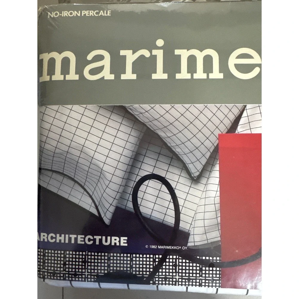 Vintage 1982 Marimekko Dan River Architecture Twin Flat Sheet Grid Black White-2